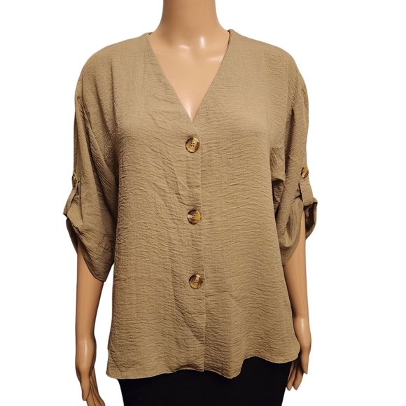 sainsburys Tops - Sainsbury Olive Green V-neck Half Sleeve Blouse Size 10